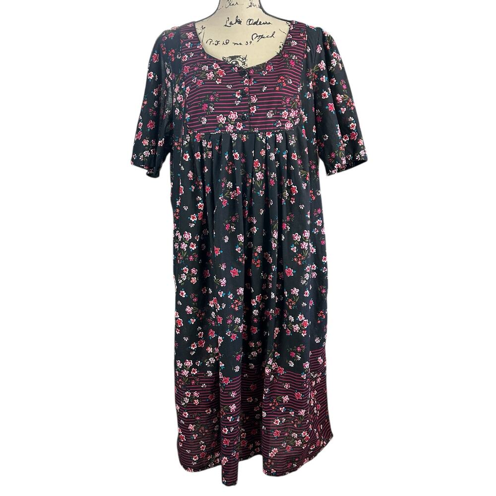 Only Necessities Dress Sz 18/20 L Black Floral Cotton w/ Pockets Loungewear Maxi